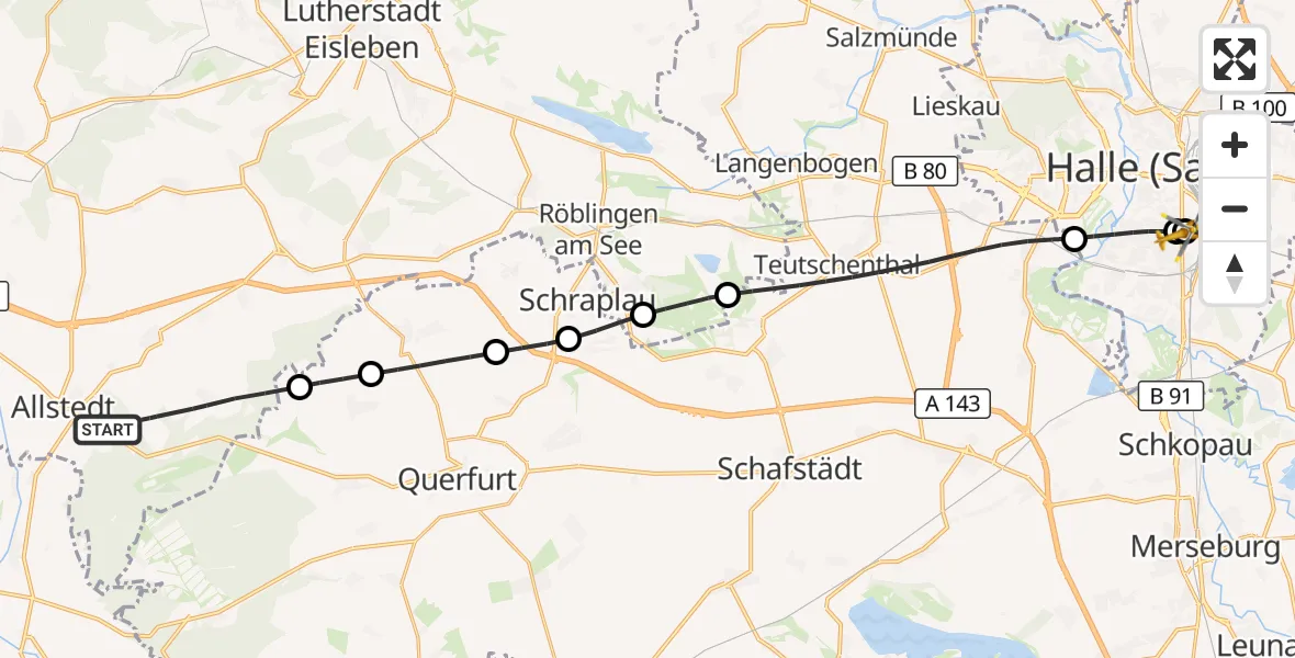 Flugroute Rettungshubschrauber Allstedt - BG Hospital Bergmannstrost Halle, 28 Juli 2026, 17:13