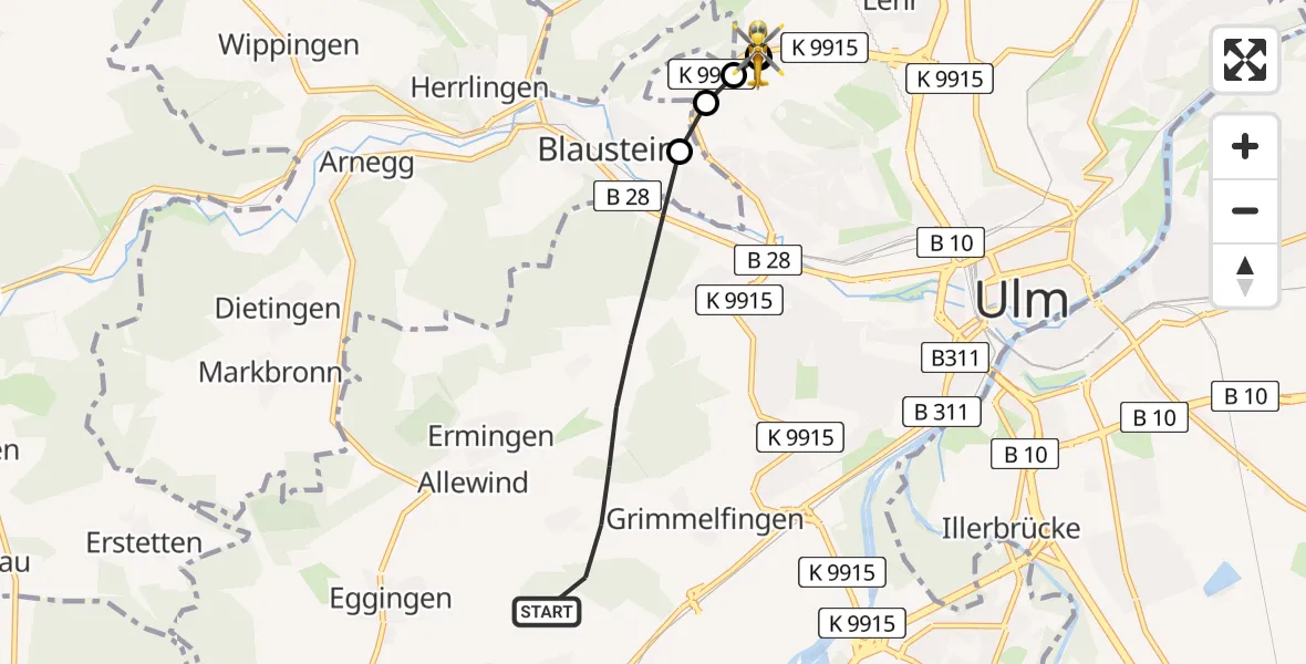 Flugroute Rettungshubschrauber Ulm - ADAC Air Rescue Station Ulm (Christoph 22), 28 Juli 2026, 17:18