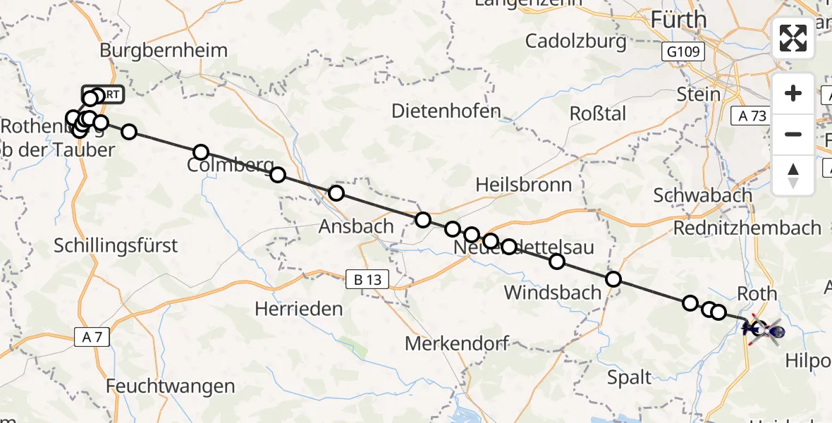 Flugroute Polizeihubschrauber Windelsbach - Flugplatz Roth, 28 Juli 2026, 17:20