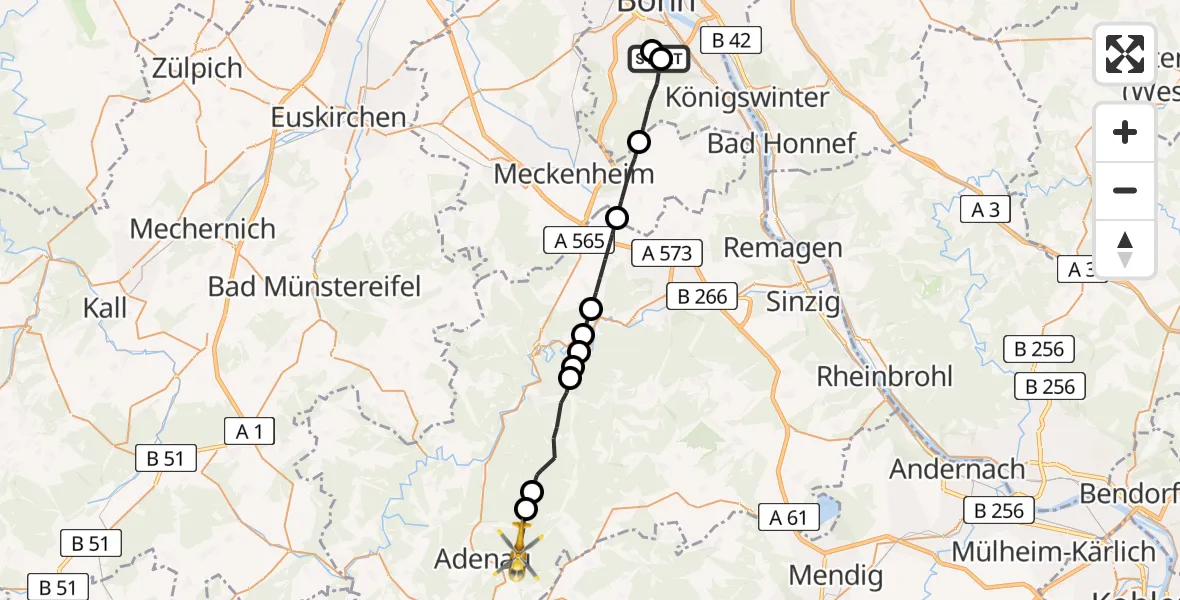 Flugroute Ambulanzhubschrauber Bonn University Hospital - Adenau, 28 Juli 2026, 17:25
