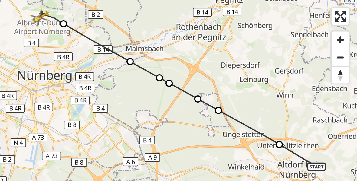 Flugroute Ambulanzhubschrauber Altdorf b.Nürnberg - Flughafen Nuremberg, 28 Juli 2026, 17:25