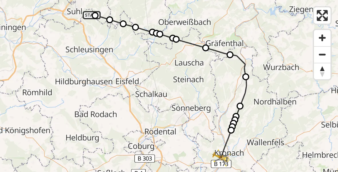 Flugroute Rettungshubschrauber Schleusingen - Kronach, 28 Juli 2026, 17:26