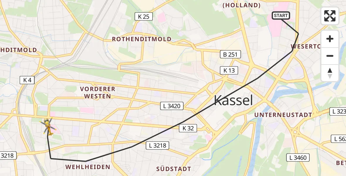 Flugroute Rettungshubschrauber Kassel - Kassel, 28 Juli 2026, 17:37