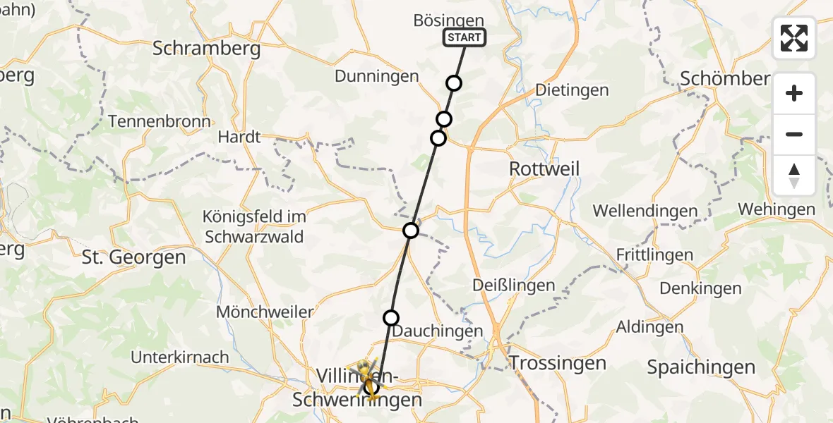 Flugroute Ambulanzhubschrauber Bösingen - DRF Air Rescue Station Villingen-Schwenningen Hubschrauberlandeplatz (Christoph 11), 28 Juli 2026, 17:41