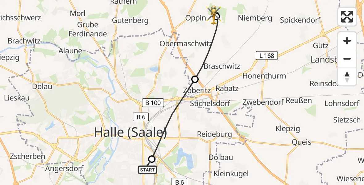 Flugroute Rettungshubschrauber BG Hospital Bergmannstrost Halle - Halle-Oppin Flugplatz, 28 Juli 2026, 17:44