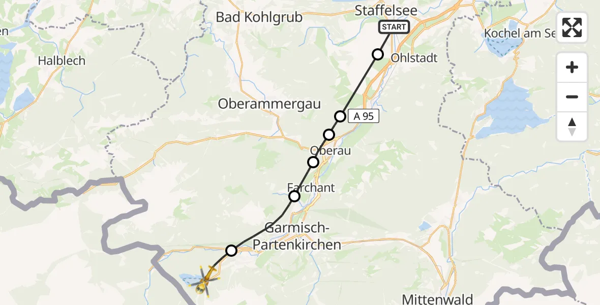 Flugroute Rettungshubschrauber Murnau a.Staffelsee - Grainau, 28 Juli 2026, 17:59