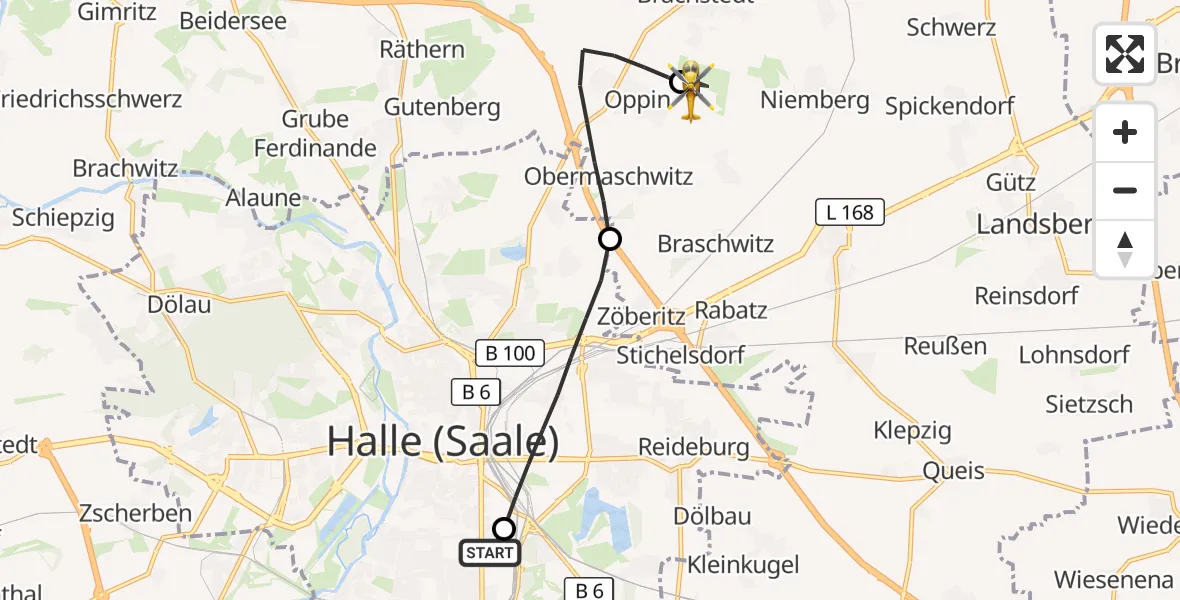 Flugroute Rettungshubschrauber BG Hospital Bergmannstrost Halle - Halle-Oppin Flugplatz, 28 Juli 2026, 18:02