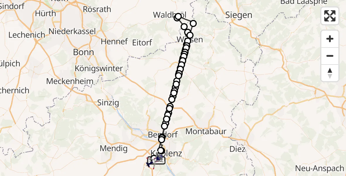 Flugroute Polizeihubschrauber Koblenz - Koblenz-Winningen Flugplatz, 28 Juli 2026, 18:12
