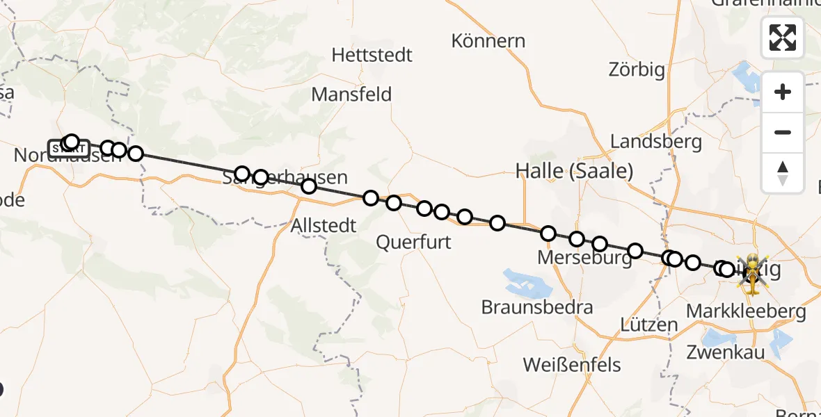 Flugroute Ambulanzhubschrauber Südharz Hospital Nordhausen - Leipzig University Hospital Heliport 1, 28 Juli 2026, 18:12