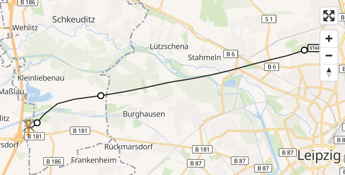 Flugroute Rettungshubschrauber Sankt Georg Hospital Leipzig Reserve - ADAC Air Rescue Station Leipzig/Schkeuditz-Dölzig Hubschrauberlandeplatz (Christoph 61), 28 Juli 2026, 18:17