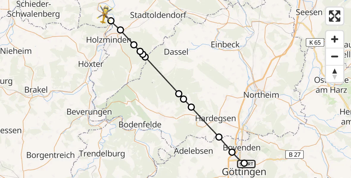 Flugroute Rettungshubschrauber Göttingen University Clinic Hubschrauberlandeplatz - Heinsen, 28 Juli 2026, 18:25