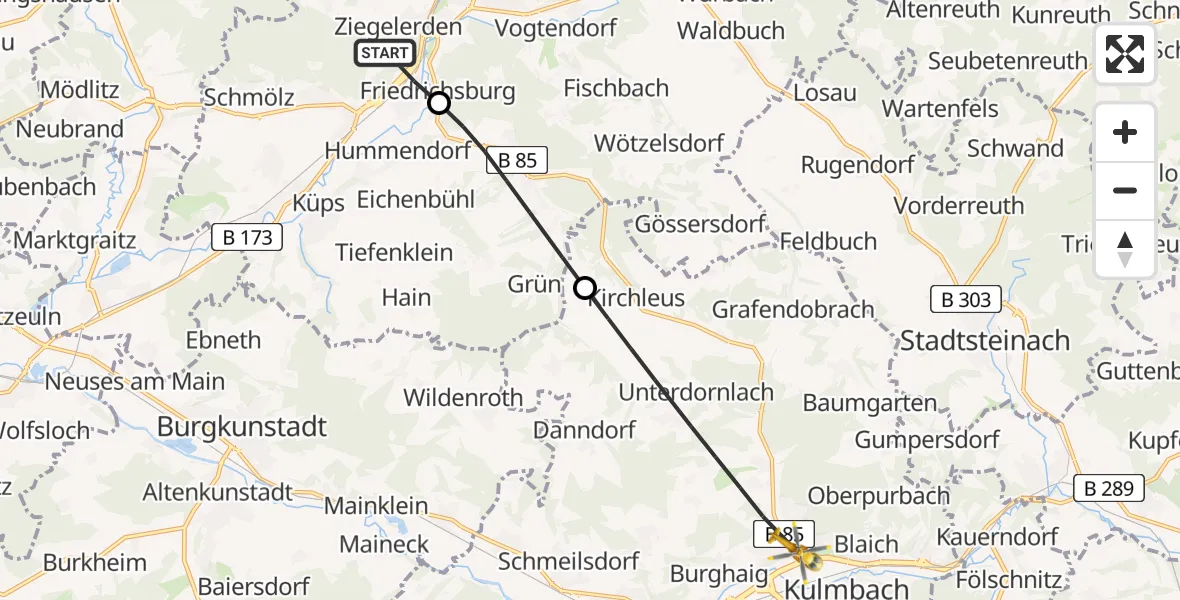 Flugroute Rettungshubschrauber Kronach - Kulmbach, 28 Juli 2026, 18:30