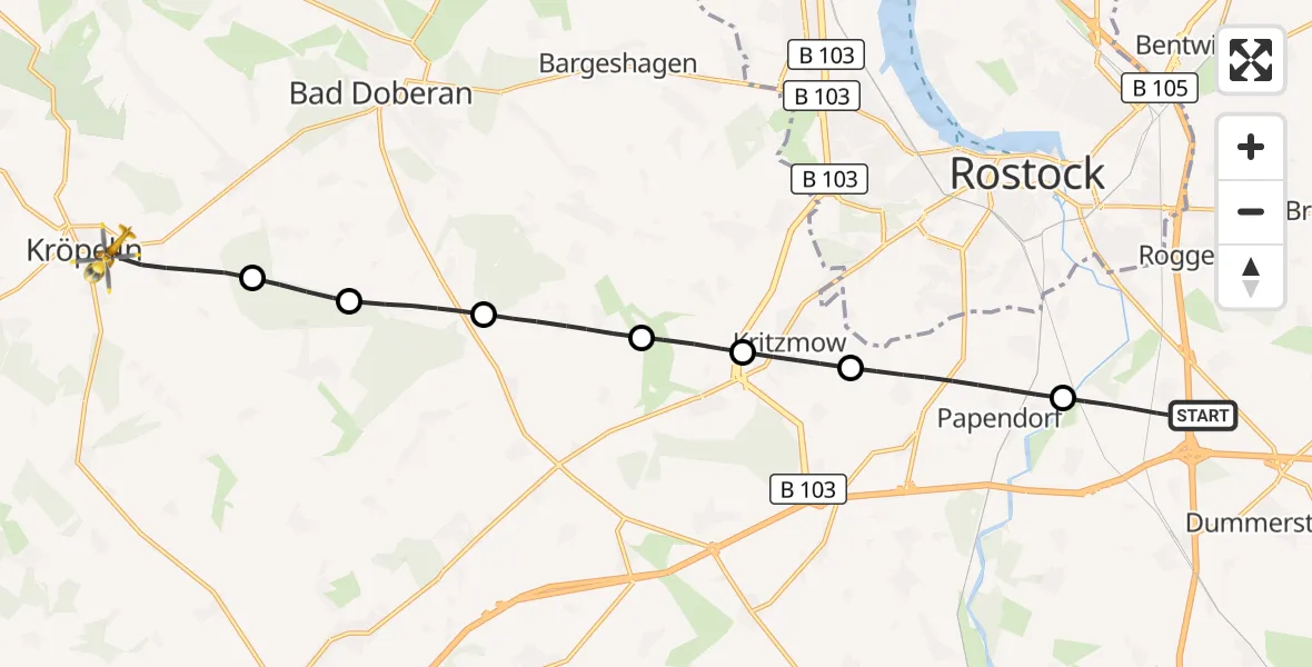 Flugroute Ambulanzhubschrauber Dummerstorf - Kröpelin, 28 Juli 2026, 18:32