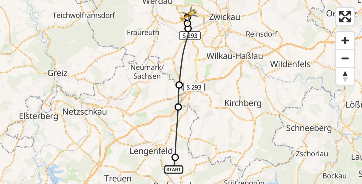 Flugroute Rettungshubschrauber Rodewisch - ADAC Air Rescue Station Zwickau Hubschrauberlandeplatz, 28 Juli 2026, 18:41