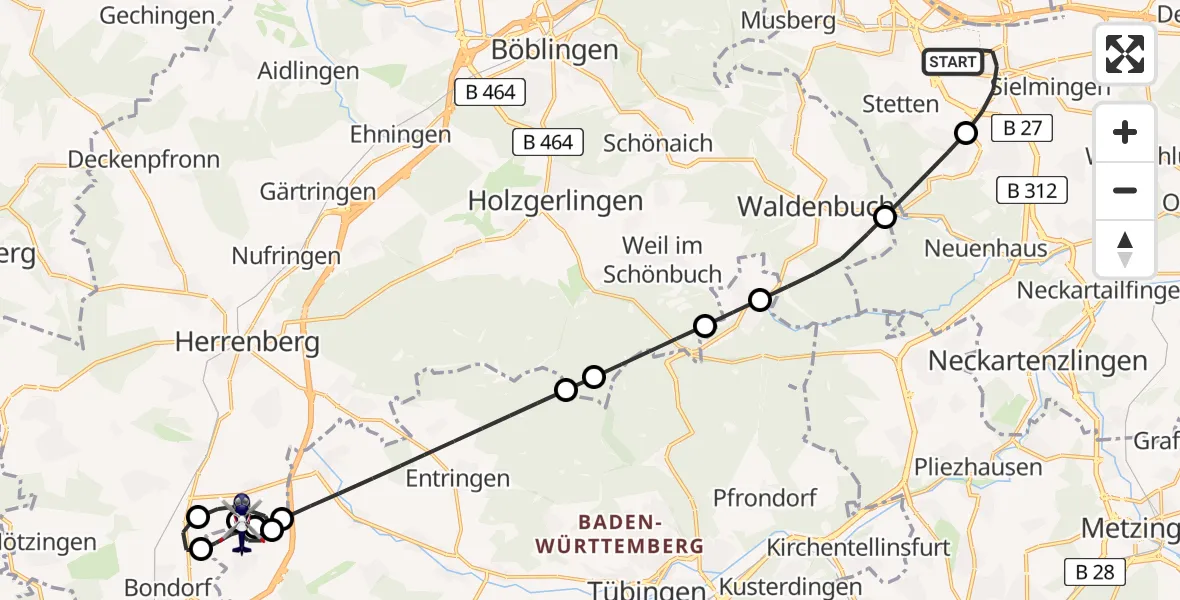 Flugroute Polizeihubschrauber Flughafen Stuttgart - Gäufelden, 28 Juli 2026, 18:41