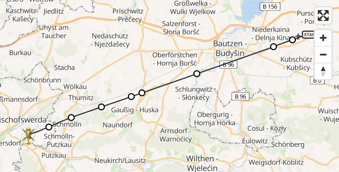 Flugroute Rettungshubschrauber Bautzen Flugplatz - Bischofswerda, 28 Juli 2026, 18:42