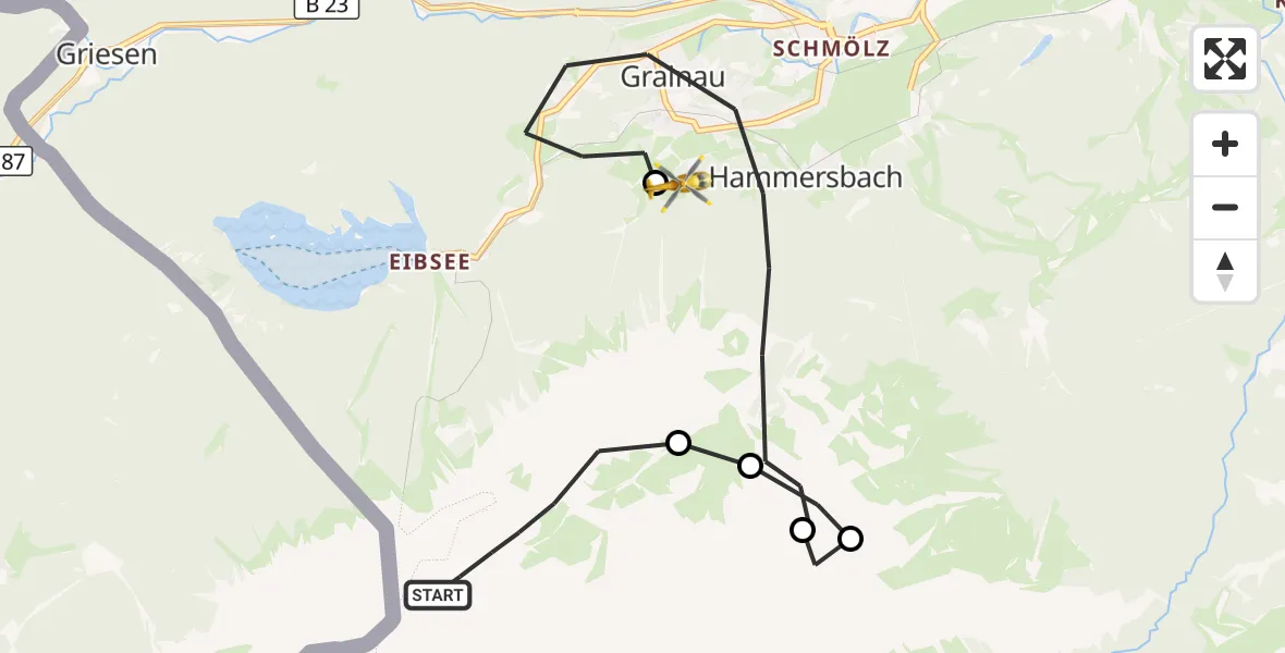 Flugroute Rettungshubschrauber Grainau - Brandweg Hubschrauberlandeplatz, 28 Juli 2026, 18:48