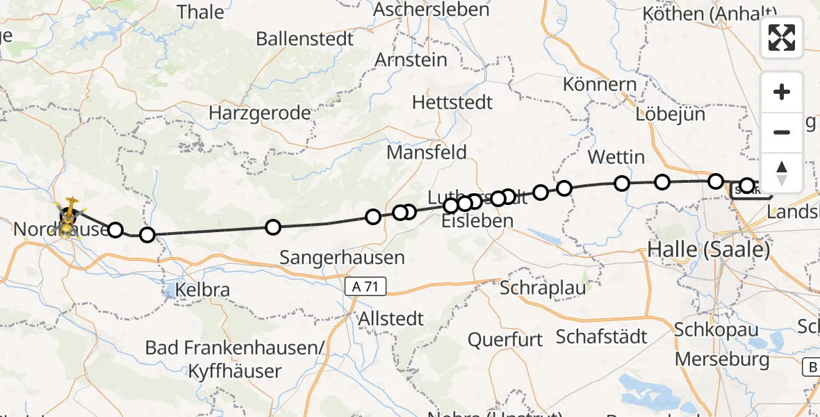 Flugroute Rettungshubschrauber Halle-Oppin Flugplatz - Südharz Hospital Nordhausen, 28 Juli 2026, 18:55