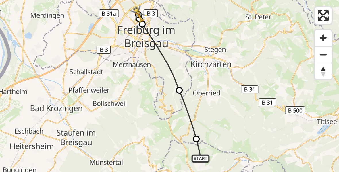 Flugroute Ambulanzhubschrauber Todtnau - Freiburg im Breisgau Flugplatz, 28 Juli 2026, 18:57