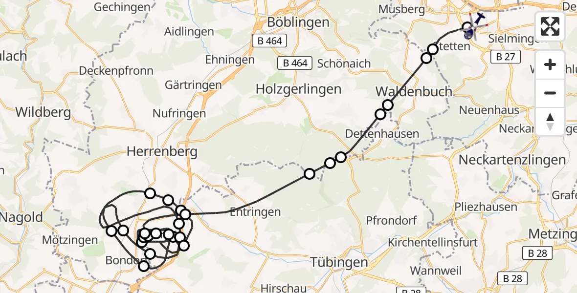 Flugroute Polizeihubschrauber Gäufelden - Flughafen Stuttgart, 28 Juli 2026, 19:01