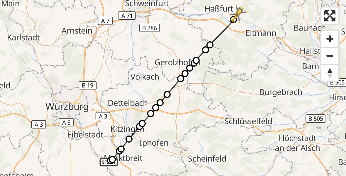 Flugroute Rettungshubschrauber Ochsenfurt Hospital - Zeil a.Main, 28 Juli 2026, 19:05