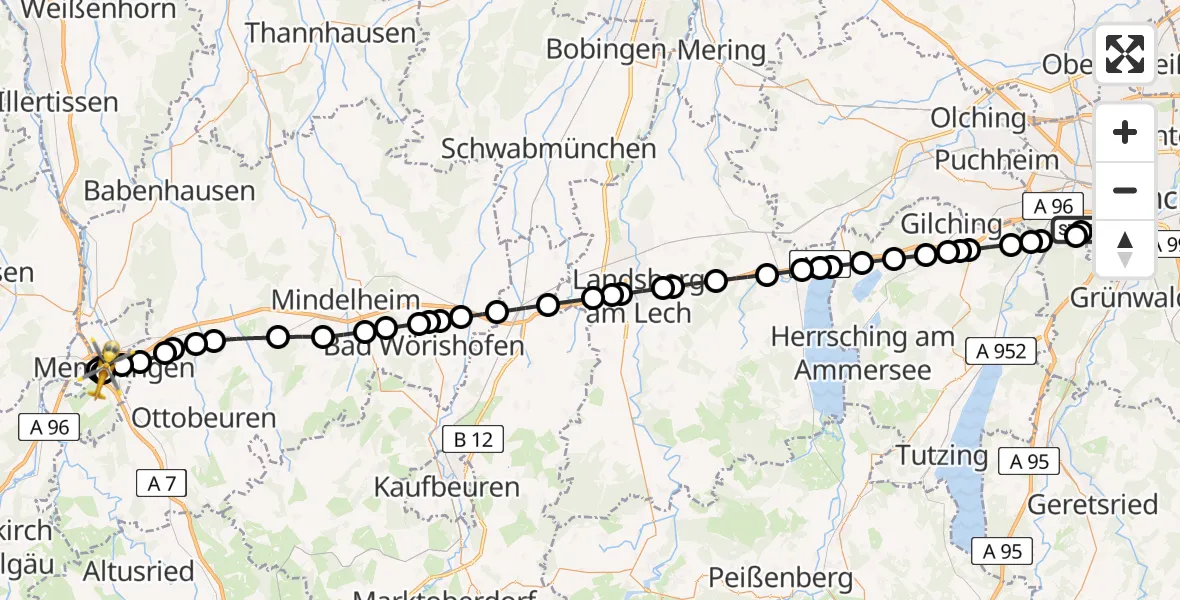 Flugroute Rettungshubschrauber DRF Air Rescue München Hubschrauberlandeplatz - Memmingen Hospital, 28 Juli 2026, 19:11