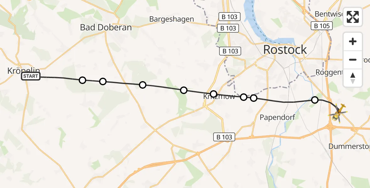 Flugroute Ambulanzhubschrauber Kröpelin - Dummerstorf, 28 Juli 2026, 19:10