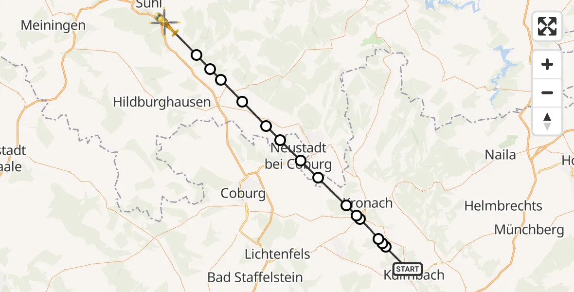 Flugroute Rettungshubschrauber Kulmbach - Schleusingen, 28 Juli 2026, 19:12