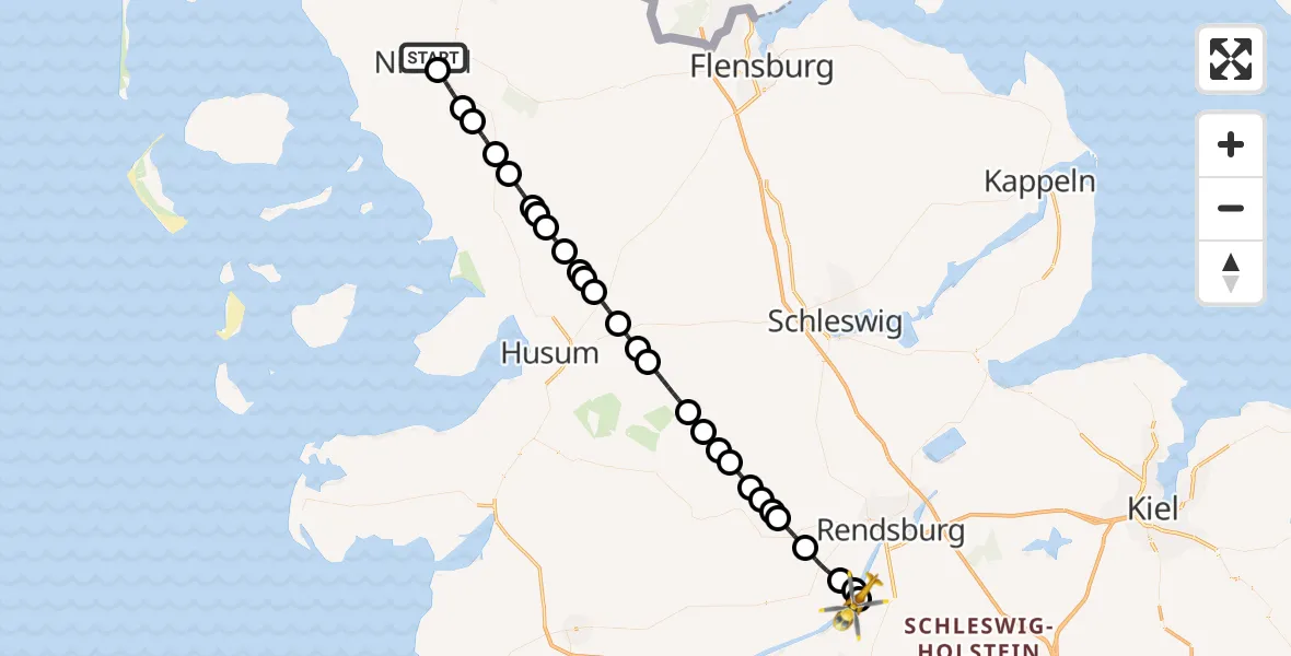 Flugroute Ambulanzhubschrauber Niebüll - Hörsten, 28 Juli 2026, 19:14