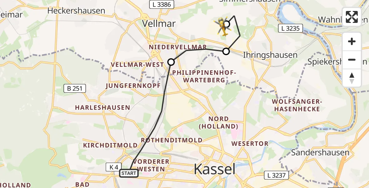 Flugroute Rettungshubschrauber Kassel - Fuldatal Bundespolizei Hubschrauberlandeplatz, 28 Juli 2026, 19:18