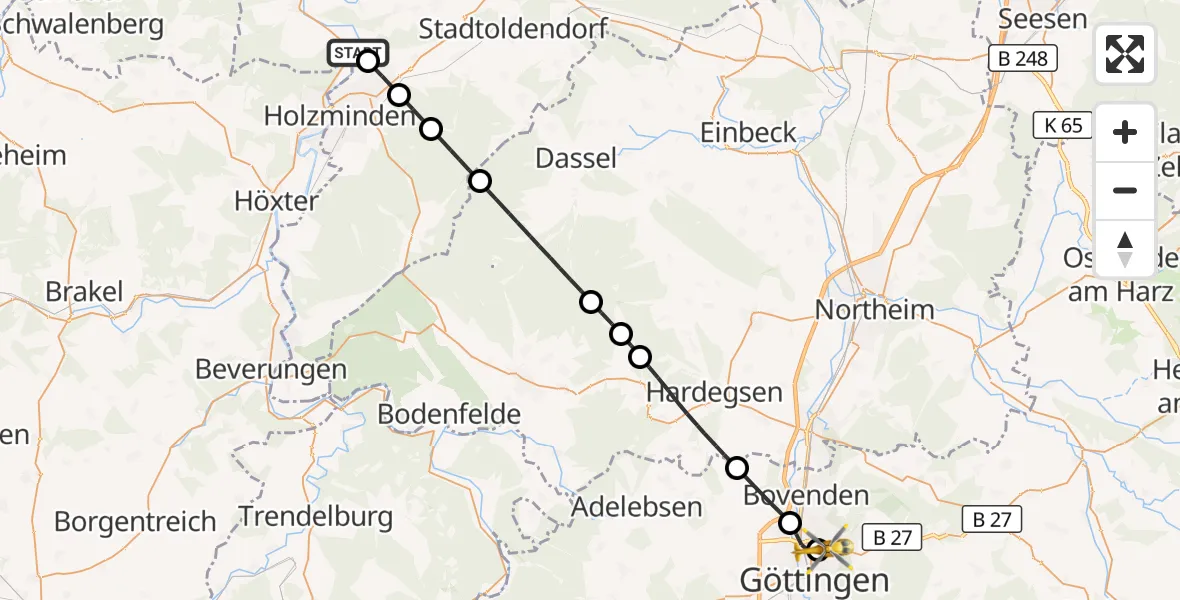 Flugroute Rettungshubschrauber Heinsen - Göttingen University Clinic Hubschrauberlandeplatz, 28 Juli 2026, 19:22