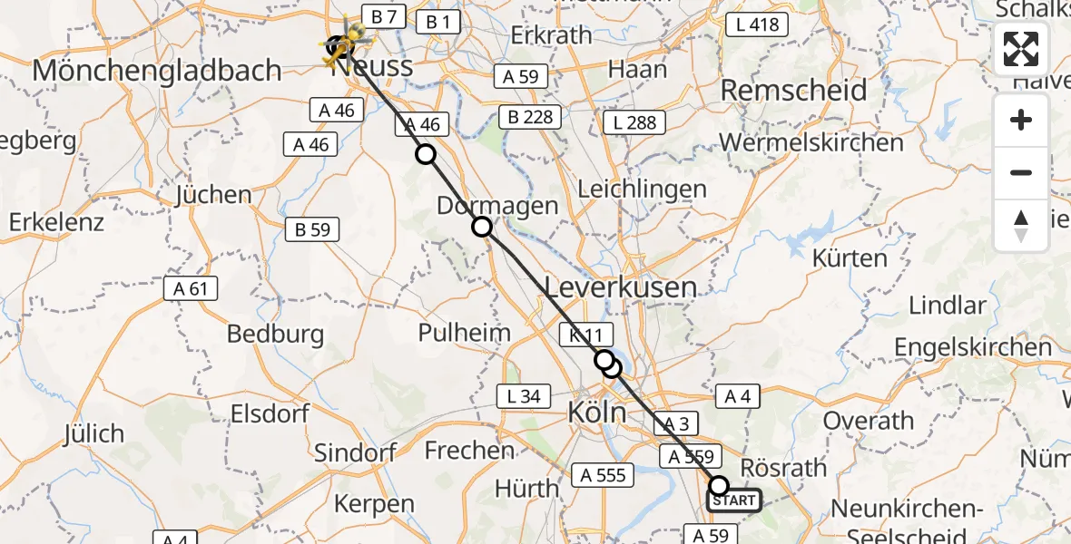 Flugroute Rettungshubschrauber Köln Bonn Flughafen - Johanna-Etienne Hospital, 28 Juli 2026, 19:23