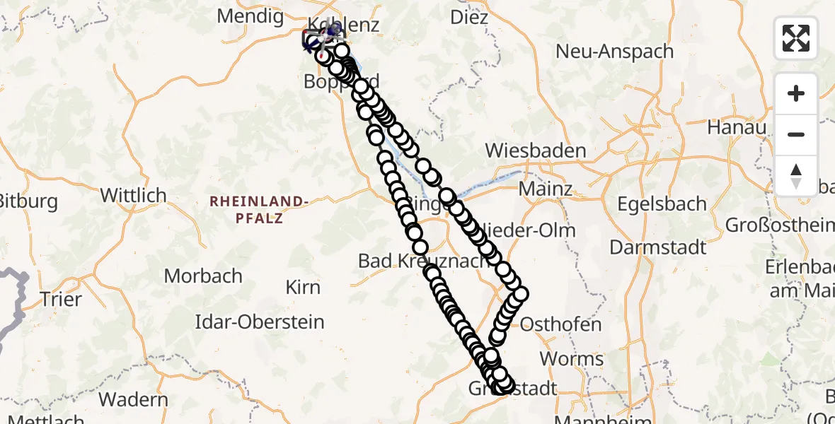 Flugroute Polizeihubschrauber Koblenz-Winningen Flugplatz - Koblenz-Winningen Flugplatz, 28 Juli 2026, 19:45