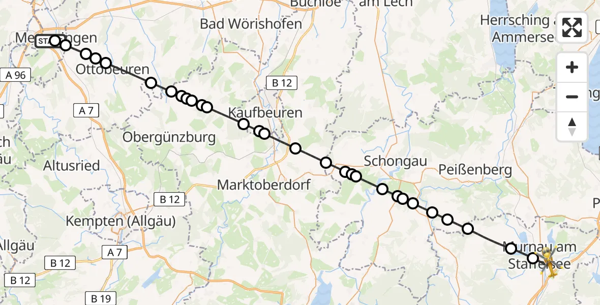 Flugroute Rettungshubschrauber Memmingen Hospital - Murnau a.Staffelsee, 28 Juli 2026, 19:49