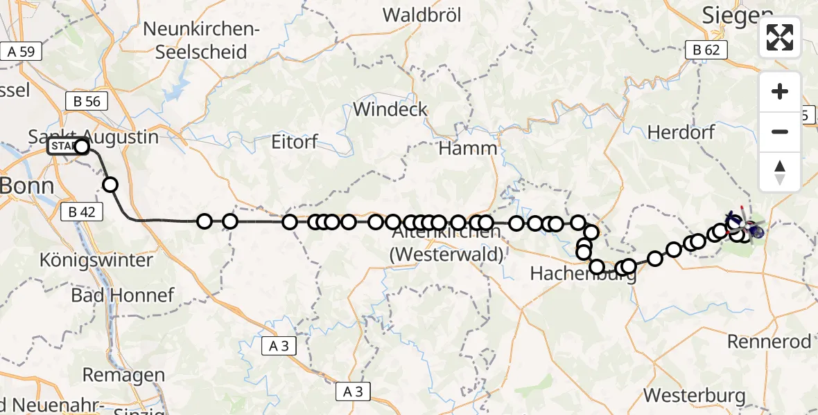 Flugroute Polizeihubschrauber Bonn-Hangelar Flugplatz - Emmerzhausen, 28 Juli 2026, 20:00