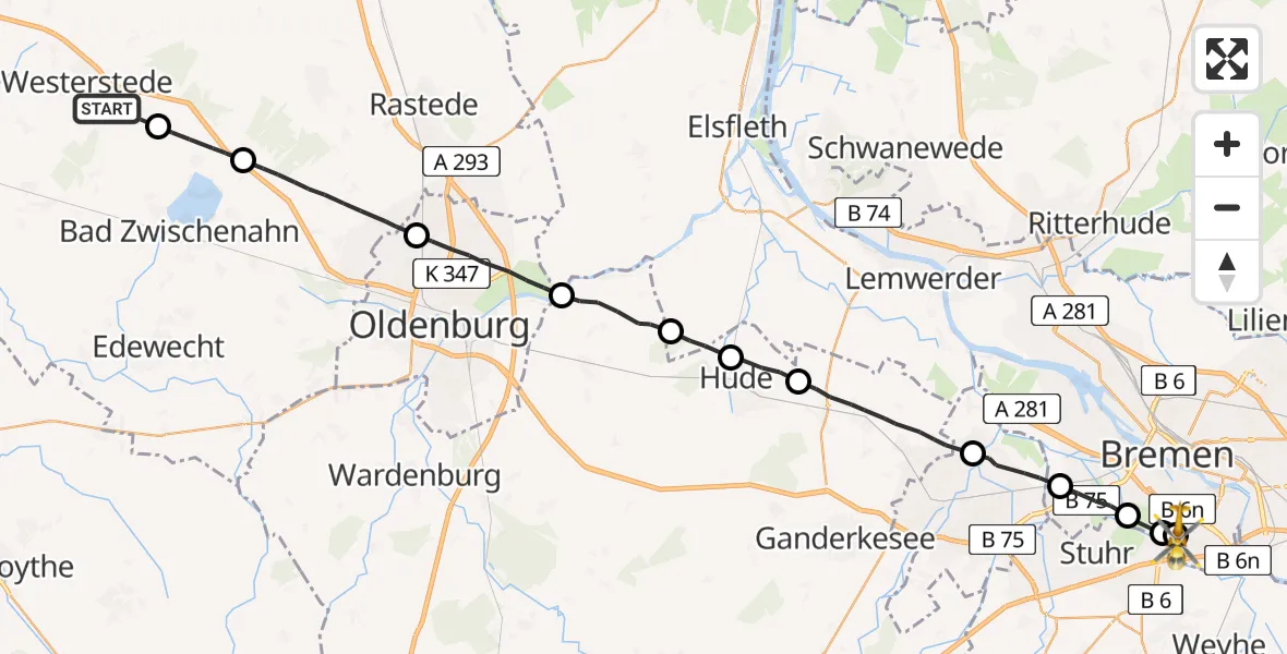 Flugroute Rettungshubschrauber Westerstede - ADAC Air Rescue Station Bremen Hubschrauberlandeplatz (Christoph 6), 28 Juli 2026, 20:04