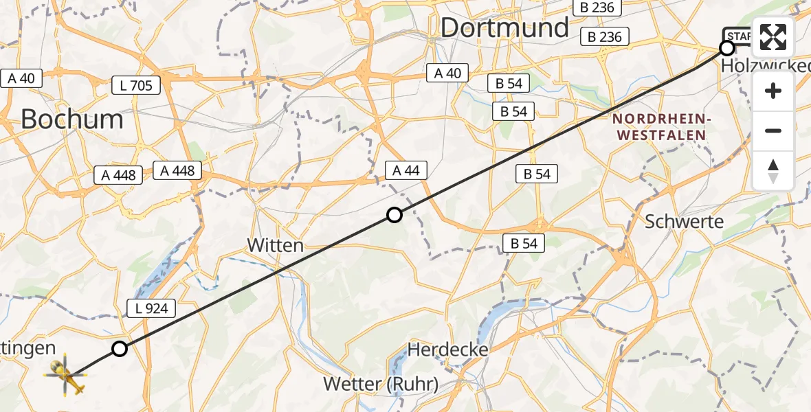 Flugroute Rettungshubschrauber Dortmund Flughafen - Hattingen, 28 Juli 2026, 20:17