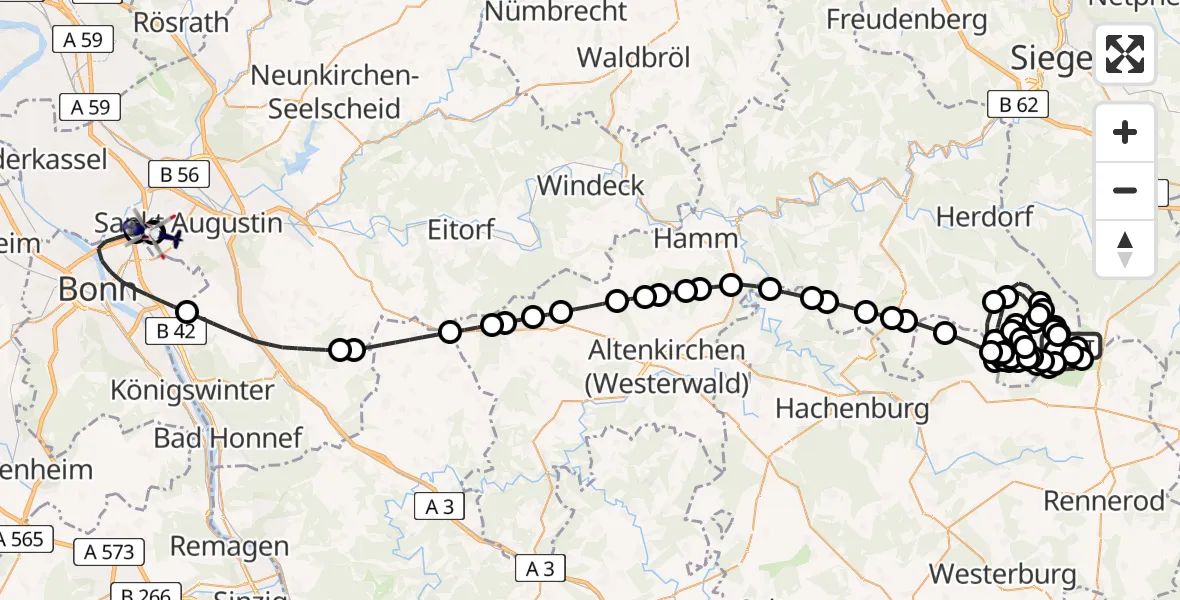Flugroute Polizeihubschrauber Emmerzhausen - Sankt Augustin, 28 Juli 2026, 20:38