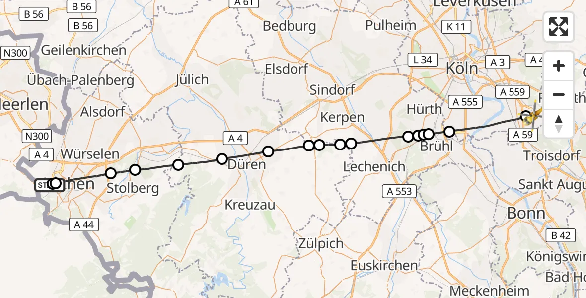 Flugroute Rettungshubschrauber Aachen Hospital - Köln Bonn Flughafen, 28 Juli 2026, 21:09