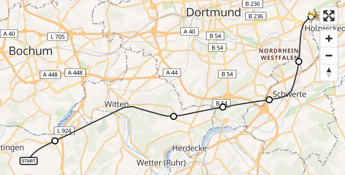 Flugroute Rettungshubschrauber Hattingen - Dortmund Flughafen, 28 Juli 2026, 21:21