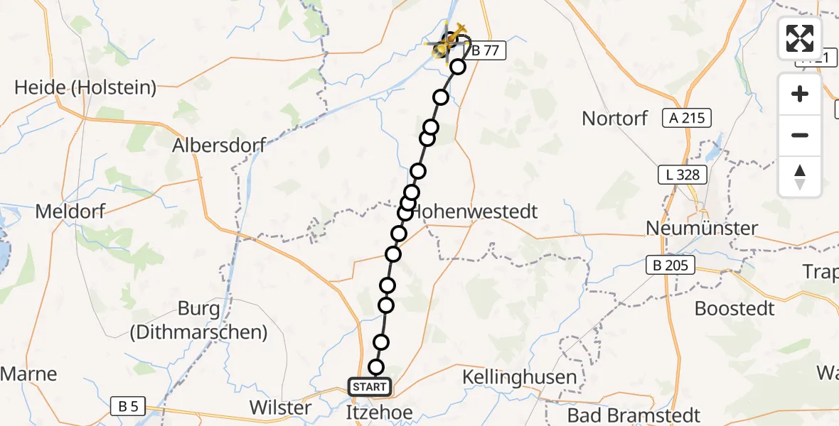 Flugroute Ambulanzhubschrauber Itzehoe - Schülp b.Rendsburg, 28 Juli 2026, 22:01