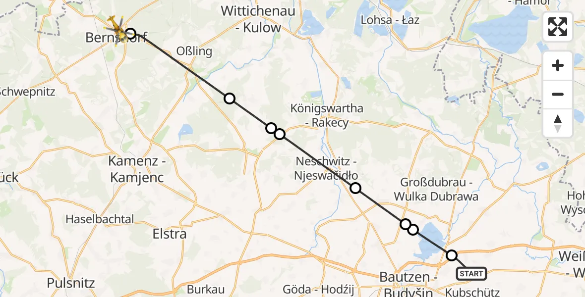Flugroute Rettungshubschrauber Kubschütz - Bernsdorf, 28 Juli 2026, 22:05