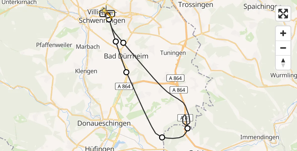 Flugroute Ambulanzhubschrauber DRF Air Rescue Station Villingen-Schwenningen Hubschrauberlandeplatz (Christoph 11) - DRF Air Rescue Station Villingen-Schwenningen Hubschrauberlandeplatz (Christoph 11), 28 Juli 2026, 22:15