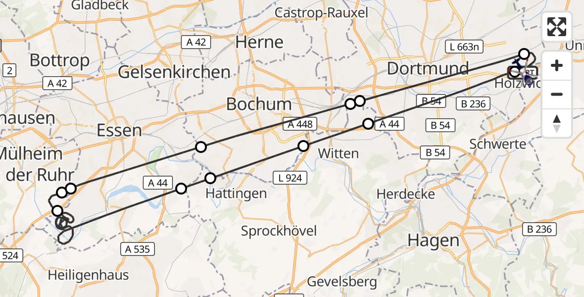 Flugroute Polizeihubschrauber Dortmund Flughafen - Dortmund Flughafen, 28 Juli 2026, 22:42