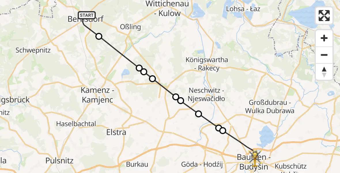 Flugroute Rettungshubschrauber Bernsdorf - Bautzen, 28 Juli 2026, 22:45