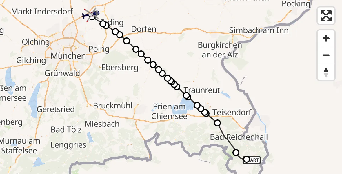 Flugroute Polizeihubschrauber Schönau a.Königssee - Hallbergmoos, 28 Juli 2026, 22:53