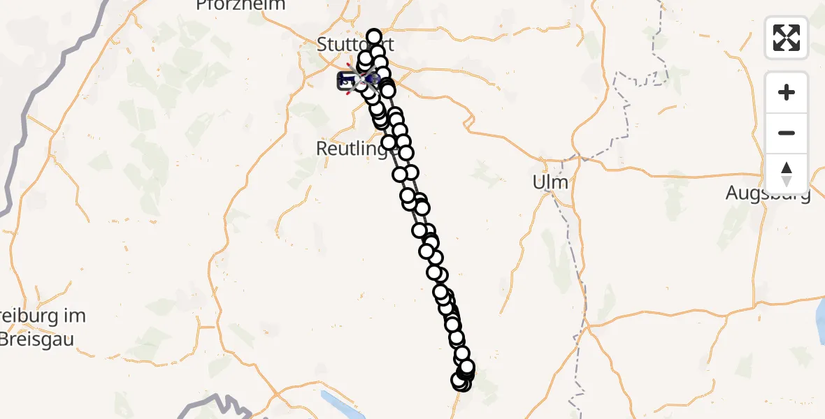 Flugroute Polizeihubschrauber Flughafen Stuttgart - Flughafen Stuttgart, 28 Juli 2026, 23:32