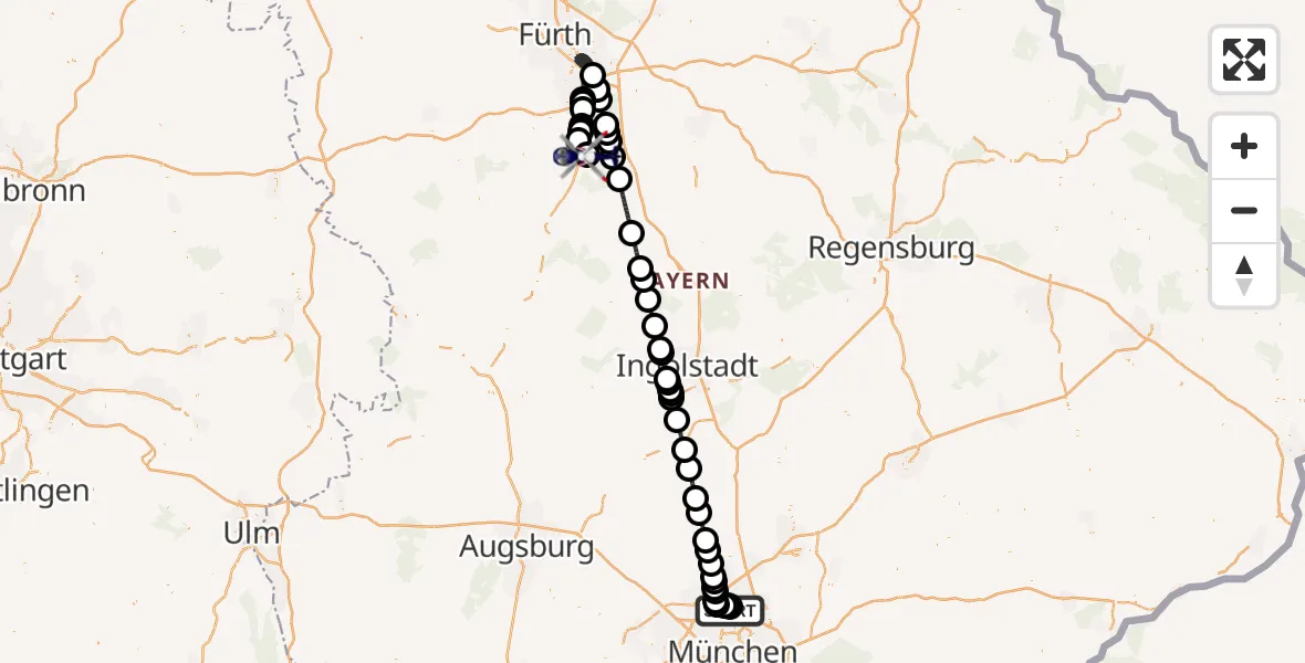Flugroute Polizeihubschrauber Oberschleißheim - Flugplatz Roth, 28 Juli 2026, 23:36