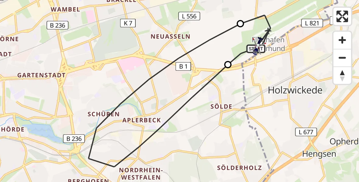 Flugroute Polizeihubschrauber Dortmund Flughafen - Dortmund Flughafen, 28 Juli 2026, 23:58