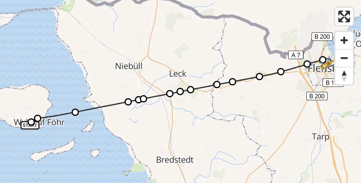 Flugroute Ambulanzhubschrauber Wyk auf Föhr Flughafen - Flensburg, 29 Juli 2026, 00:34